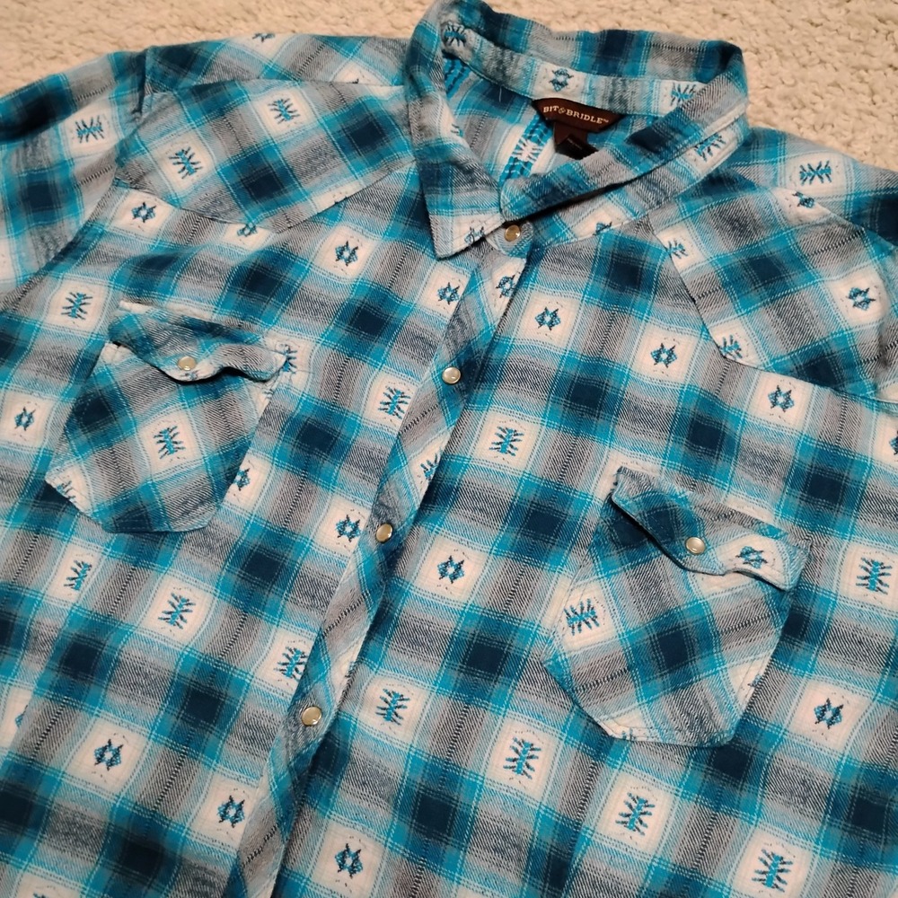 Bit & Bridle Shirt Womens 3X Pearl Snap Flannel South Western Top Aztec Pockets